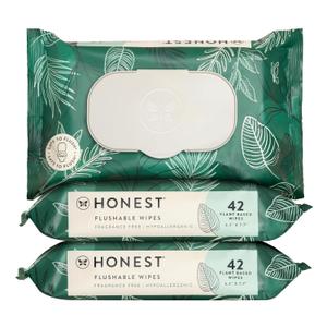 The Honest Company Flushable Wipes for Sensitive Skin | Fragrance Free, Hypoallergenic, 99% Water, Safe to Flush | pH Balanced Feminine Wipes | Tropical Leaves, 126 Count (42 Count (Pack of 3))