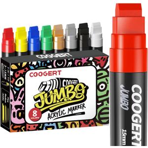 Coogert 8 Vibrant Colors Jumbo Poster Markers, 15MM Thick Permanent Acrylic Graffiti Markers, Wide Tip Paint Marker for Canvas, Posters Board, Fabric, Window, Wood, Teachers,Banner painting supplies