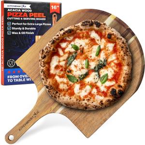 KitchenStar 16-Inch Acacia Wood Pizza Peel Extra Large Wooden Cutting & Serving Board with Handle Natural Oil Finish Ideal Pizza Oven Accessory for Easy Sliding & Prep