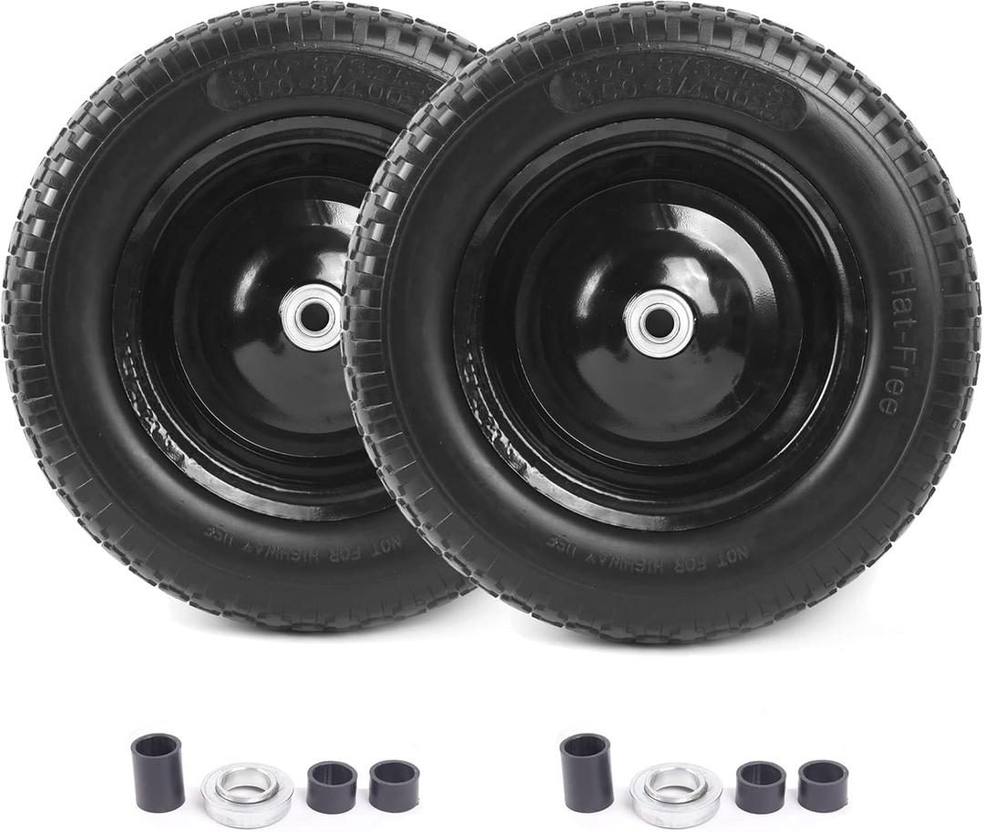 (2-PACK) 4.80/4.00-8" Flat Free Tire and Wheel - Universal Fit 14.5" Solid Wheelbarrow Tires with 3" Hub and 5/8" Bearings  Extra Adapter kit includes 3/4" Ball Bearings, 1" and 1/2" Nylon Spacers (14.5"(Flat Free Tire)