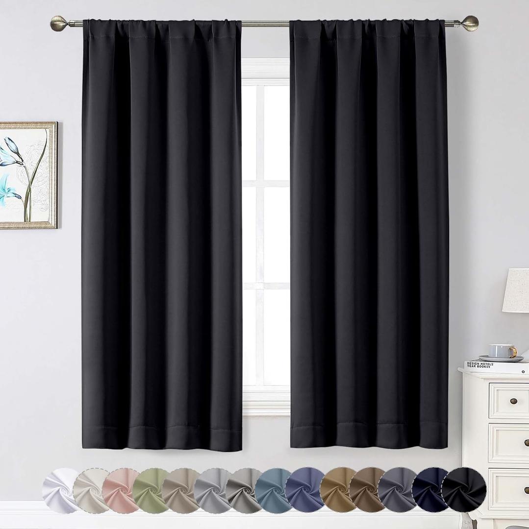 WelvetBLK Black Blackout Curtains for Bedroom Living Room 63 Inch Length 2 Panels Set, Soft Solid Room Darkening Thermal Insulated Window Treatments, Rod Pocket Dining Room Curtains, Black, 40"Wx63"L