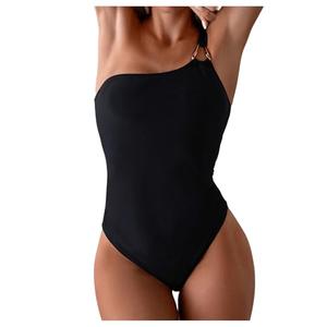 WDIRARA Women's One Shoulder One Piece Solid Monokini Swimsuit Swimwear Black Medium