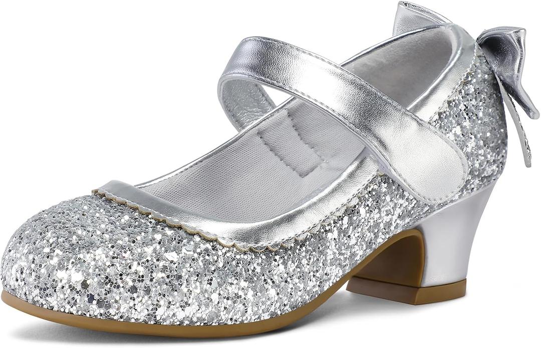 K KomForme Girls Dress Shoes Glitter Mary Jane Pumps with Bow, Low Heel Party Wedding Princess Shoes Kids Size 3