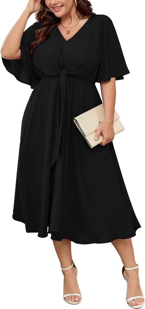 SCOMCHIC Women Plus Size Midi Dresses Wedding Guest Short Sleeve V Neck Tie Waist Casual Summer Flowy A Line Dress (Black, XXXL)