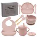 100% Silicone Baby Feeding Set,BPA Free Baby Dishes Set with Suction Bowl Divided Plate,Toddler Self Feeding Dish Set with Spoons Forks Sippy Cup and Bib, Baby Eating Utensils (Pink)