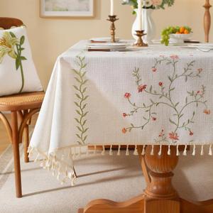 Laolitou Spring Pink Floral Table Cloth Rectangle Table, Embroidery Heavy Duty Cotton Linen Tablecloth, Farmhouse Rustic Waterproof Wrinkle Free Tablecloths with Tassels, Pink Flower, 55120 Inch