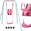 2-in-1 Toddler Swing Set with Foldable Stand, Baby Swingset with 2 Types of Anchors for Indoor & Outdoor, 1 Belt & 1 Soft Swing Seat with Safety Harness & Height Adjuster for 6 Months and Older Kids