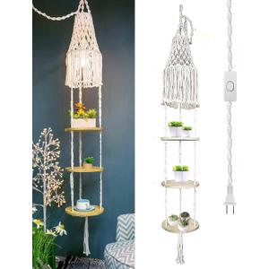 Macrame Lamp Shade and Hanging Plant Holder Shelf Indoor for Boho Bedroom Decor Plug in Pendant Light Hanging Light with Plug in Cord and Switch for Bohemian Office Corner Reading Light (Cream