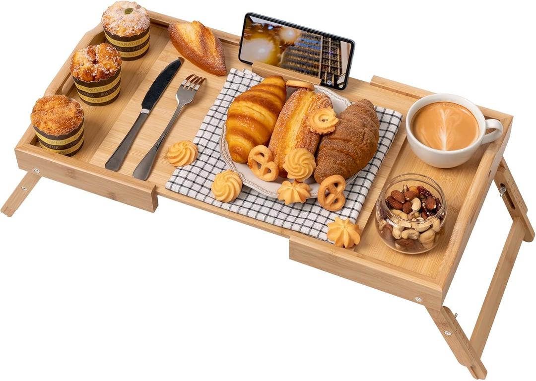 Lavievert Expandable & Height Adjustable Bed Tray Table with 360 Rotating Phone Holder, Bamboo Breakfast Food Serving Tray, Portable Laptop Desk Snack Platter with Handles & Foldable Legs for Bedroom