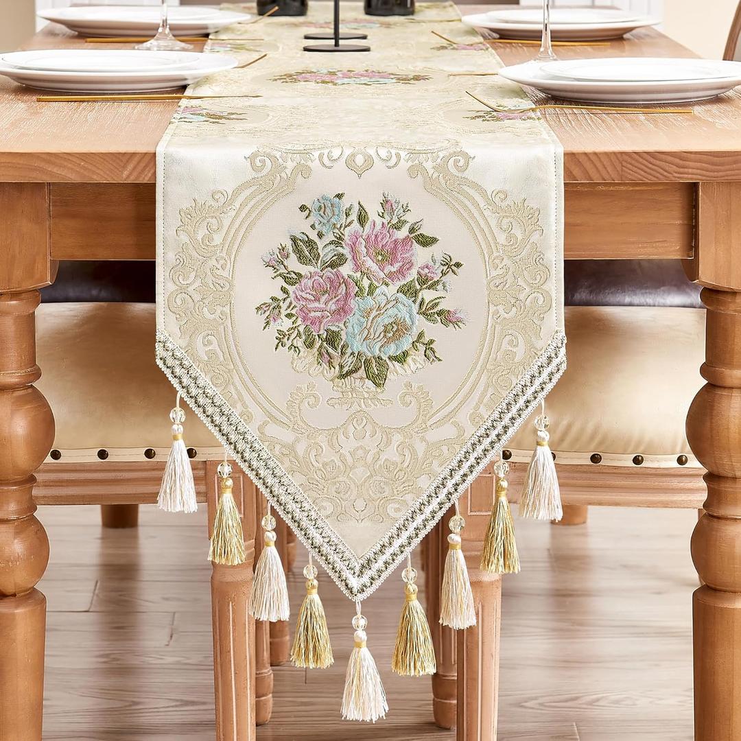 Loom and Mill Luxury Elegant Table Runner 13x90 inch, Floral Jacquard Fabric Dining Table Runners with Tassels, Great for Home Table Setting Kitchen Dresser Party Holiday Decor(Pearly Beige, 13x90in)