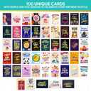 Decorably 100 Pack Foiled 5x7in Assorted Happy Birthday Cards Bulk with Envelopes and Stickers, 100 Folded Unique Designs for Friends, Family & Loved Ones, Printed Message Inside - Gifting, Mailing