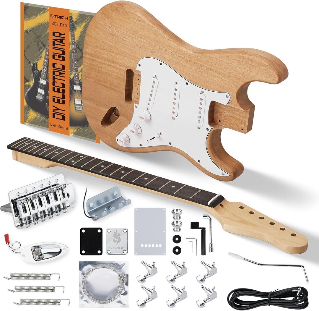 STRICH DIY Electric Guitar Kit, ST Style Mahogany Body & Maple Neck Guitar with SSS Pickups, Easy to Assemble Kit with All Parts Included  Build Your Own Electric Guitar (Natural Finish)