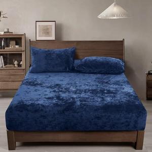 PHF Truly Velvet Fitted Sheet Only Queen Size, Luxury Super Soft Cozy Fuzzy Fleece Bottom Sheet, Deep Pocket Up to 16",Strenghth Elastic Band,Suitable for Fall Winter Spring, No Pillowcases, Navy Blue