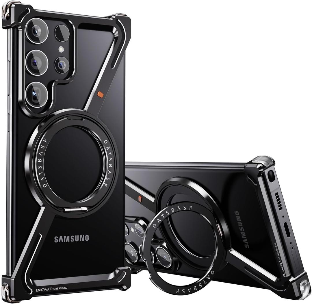 OATSBASF Minimalist Phone Case Compatible with Samsung Galaxy S24 Ultra, 360 Rotation Kickstand Aluminum Metal Frameless Design Bumper Case, Protective Shock Grade Shell, Black