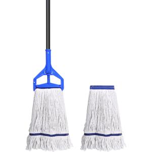 Loop-End String Mop Heavy Duty Commercial Industrial Mops with 2 Extra Mop Heads Replacement, 59 Inch Cotton Wet Mop for Floor Cleaning