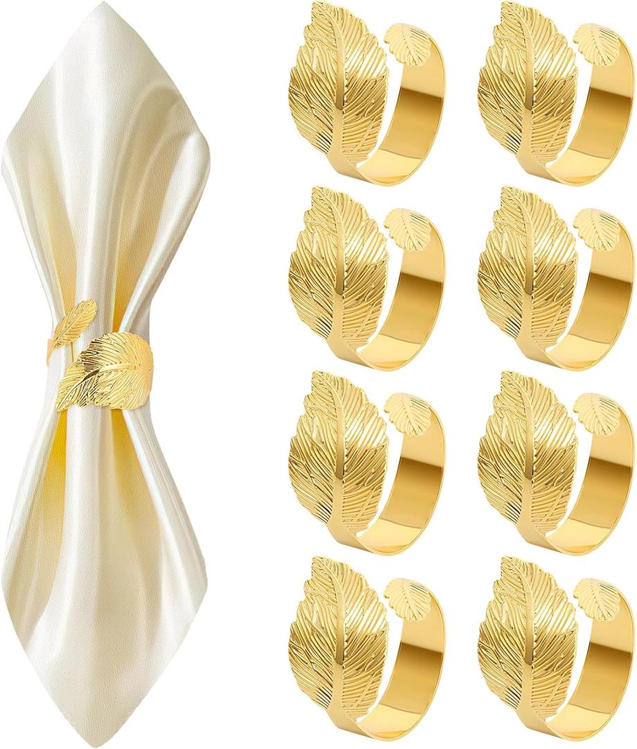 Gold Napkin Rings Set of 8, Metal Leaf Bulk Napkin Rings, Cloth Napkin Holder Ring Dining Table Decorations for Easter Weddings Valentine Christmas Thanksgiving Party of Setting