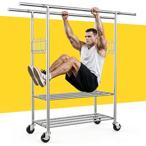 100% Stainless Steel Heavy Duty Clothes Rack Load 960LBS, Double Rod Clothing Rack for Hanging Clothes with Reinforced Rubber Rings, Extendable Rolling Garment Racks W/ Portable Wheel & Sturdy Shelves