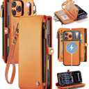 Defencase for iPhone 17 Pro Magnetic Wallet Case Compatible with Magsafe with RFID Blocking Zipper & Card Holder for Women Men PU Leather Strap Detachable Case for iPhone 17 Pro (6.3 inch), Orange
