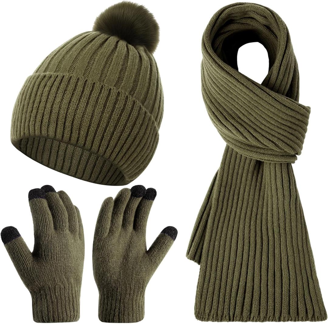 3 Pcs Winter Beanie Hat Scarf Gloves Set for Women Men, Knit Hats Pom Warm Long Scarf Touchscreen Gloves(Olive Green)