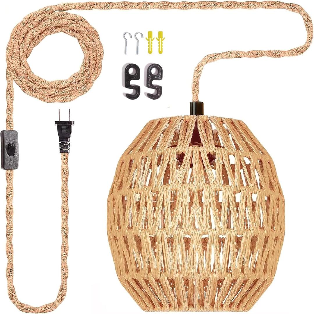 Hanging Lamps Rattan Pendant Light Hanging Lights 16.4ft Plug in Cord Pendant Light Fixture Plug Into Wall Outlet Pendant Lighting with On Off Switch for Bedroom Living (Egg Shade)