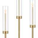 3Pcs Hurricane Glass Candle Holders Gold Candlestick Holders Taper Candle Holder with 9.8" Windproof Clear Cylinder Covers for Outdoor Indoor Tall Candle Stick Holder Decor for Wedding Party Fireplace