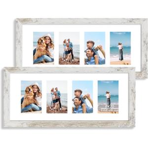 8x20 Picture Frame Set of 2, Distressed White Wood Frame with Tempered Glass Collage Frame, Display Pictures Four 4x6 With Mat or 8 x 20 Without Mat - Horizontal or Vertical Wall Mounting
