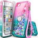 NGB iPod Touch 7 Case, iPod Touch 6/5 Case with HD Screen Protector and Ring Holder for Girls Women Kids, Glitter Liquid Soft TPU Clear Cute Case for Apple iPod Touch 7th/6th/5th Generation -Pink/Aqua