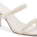 Womens Chunky Heeled Sandals Pearl Strappy Open Square Toe Slip-on Block Heels Backless Mules Shoes (10, White)