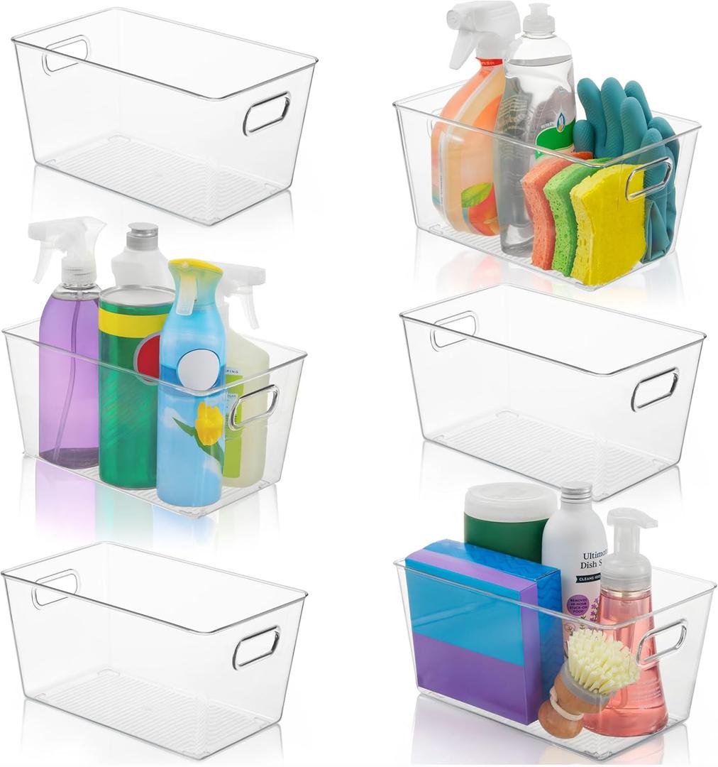 Set of 6 Clear Plastic Storage Bins With Handles, Containers To Organize Pantry, Fridge, Cabinet, Kitchen, Countertop, Closet, Cupboard, Home Organization and Storage