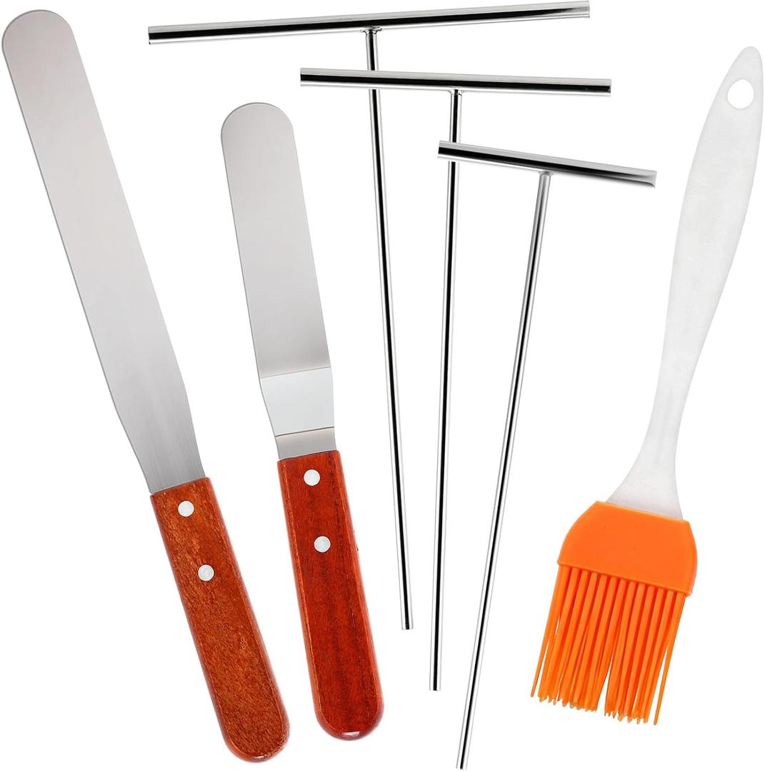 6 Pcs Crepe Spreader and Spatula Kit Stainless Steel 3.5", 5", 7" T-shaped Batter Spreaders, 12" Offset Spatulas 10" Curved Offset Spatulas and Basting Brush for Pancake Cooking Tool(Wood)