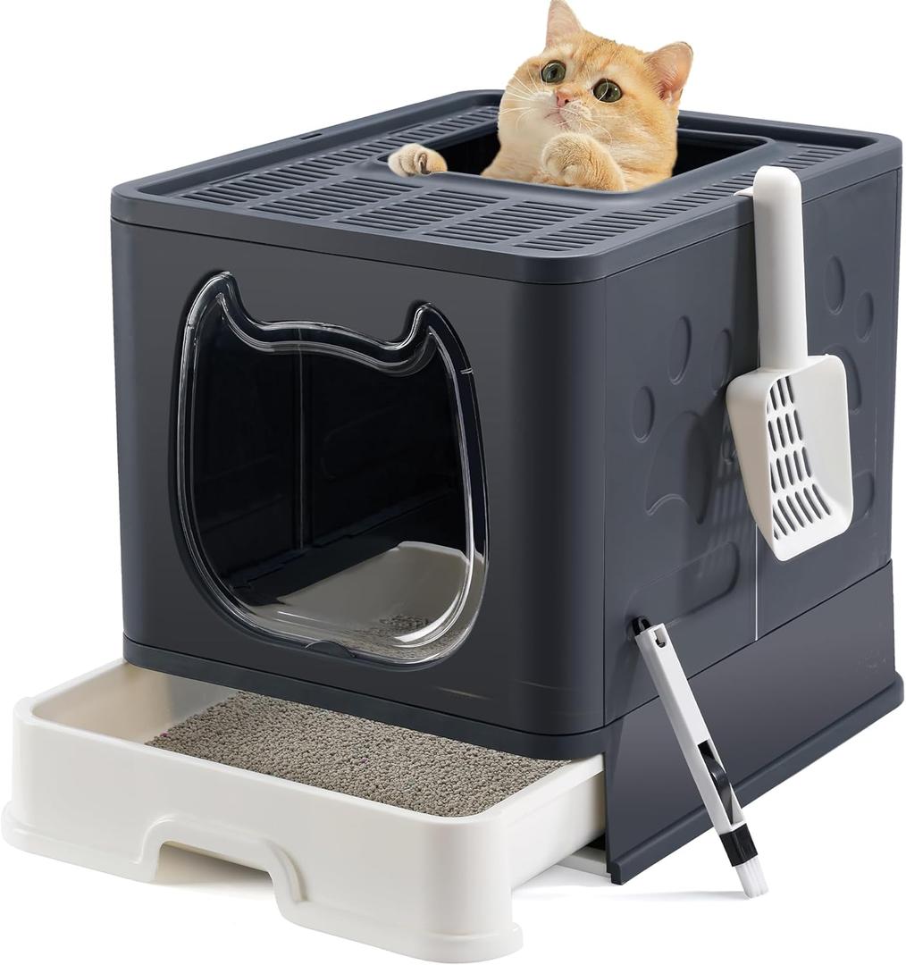 Vealind Cute Covered Cat Litter Box with Lid Cover Low Entry Hooded Enclosed Small Kitty Kitten Litter Box Enclosure with Scooper and Brush Closed Litter Tray Black