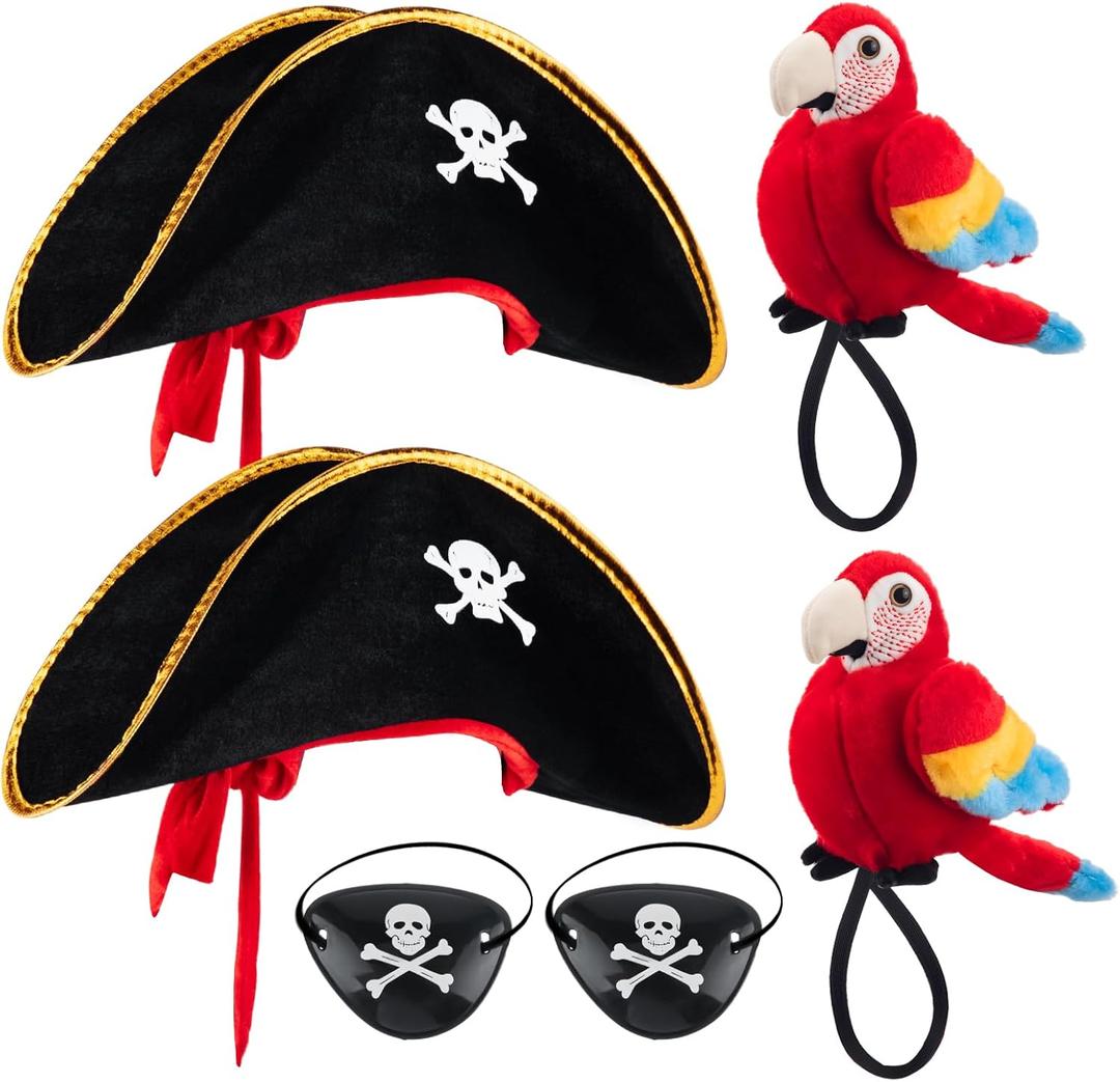 HyDren 6 Pcs Pirate Costume Accessory Sets Skull Print Captain Hat and Stuffed Parrot on Shoulder for Woman Men Kids Adults Halloween School Shows and Theater Performance Cosplay Dress up Props