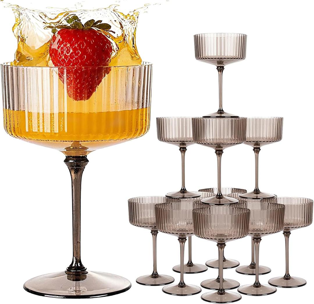 LIYH 20 Pcs Plastic Martini Glasses 10 Oz Clear Black Disposable Martini Glasses Cocktail Coupe Plastic Champagne Tower Disposable Wine Cups Perfect for Bar Cocktails Parties Wedding (Clear Black Vertical Stripe Pattern)