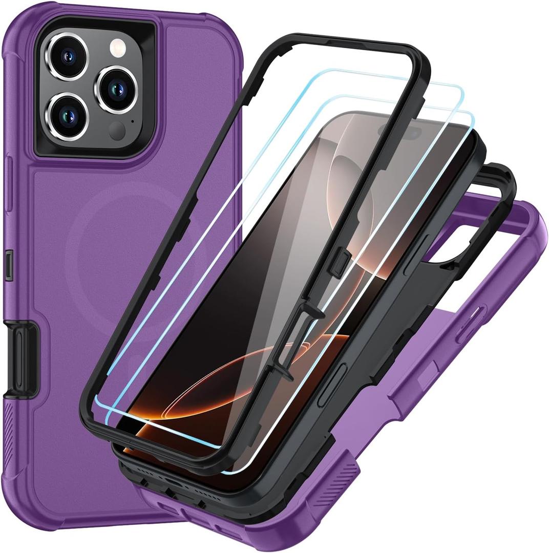 SunStory Magnetic for iPhone 16 Pro Case with HD Screen Protector, Compatible with MagSafe, 3-Layer Heavy Duty Full-Body Cover, 3 in 1 Hybrid Protective Case for iPhone 16 Pro 6.3",Purple