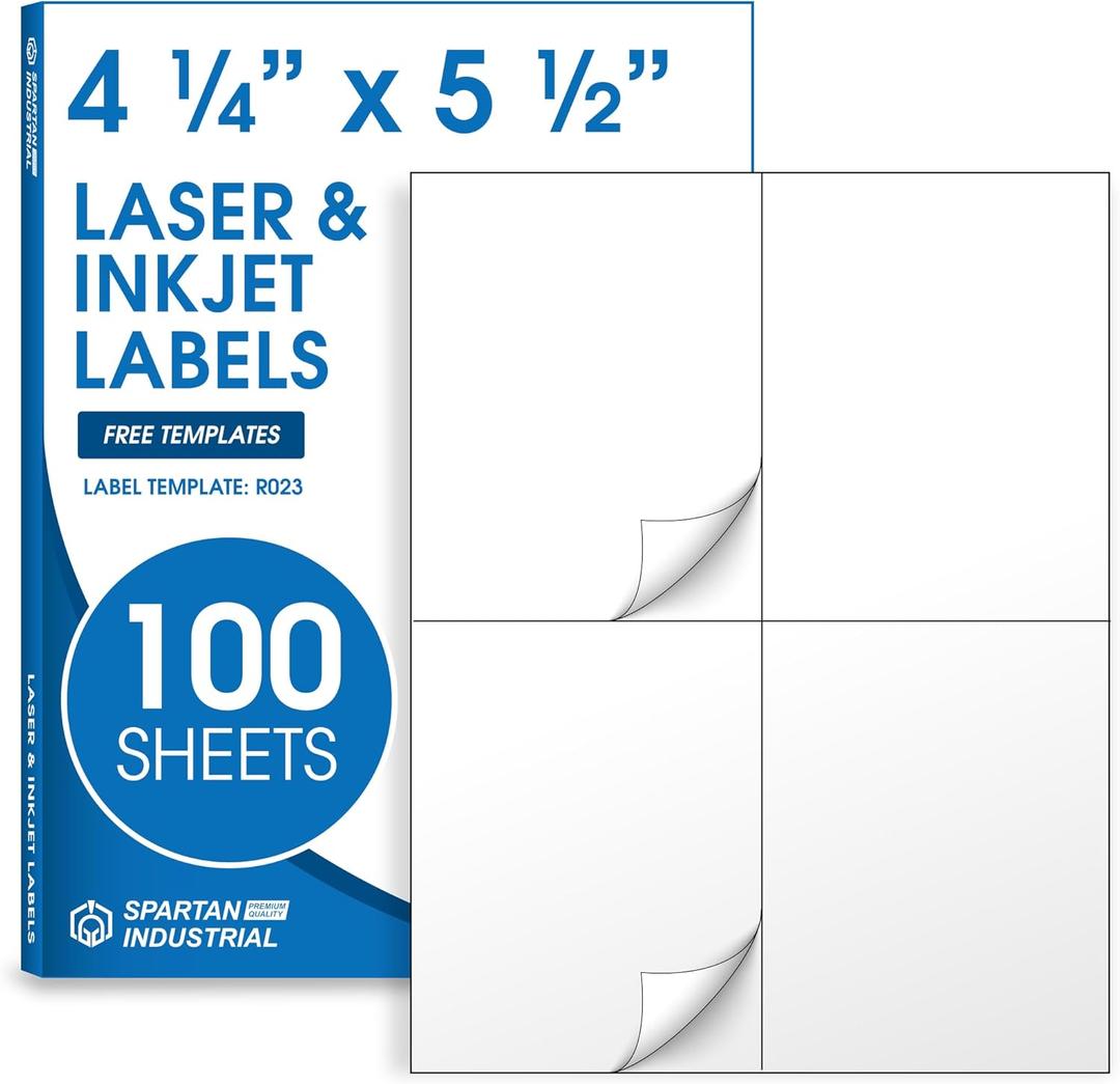 4.25" X 5.5" Matte White Shipping Labels Compatible with Inkjet and Laser Printers - 100 Sheets, 400 Total Printable Stickers for Mailing and Organization - Spartan Industrial Template R023