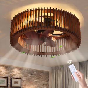 20 Inch Dark Brown Wooden Low Profile Ceiling Fan with Light and Remote, Wood Ceiling Fan, Farmhouse Caged Ceiling Fan with 6-Speed Reversible Motor for Bedroom, Living Room, Kitchen