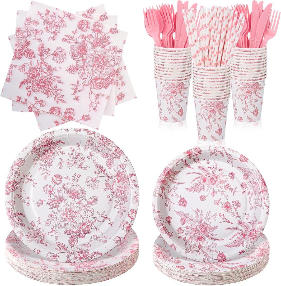 Yungyan 218 Pcs Floral Party Plates Pink and White Tableware Set Disposable Wildflower Paper Plates and Cups and Napkins Tea Party Supplies for Wedding Bridal Shower Birthday Baby Shower