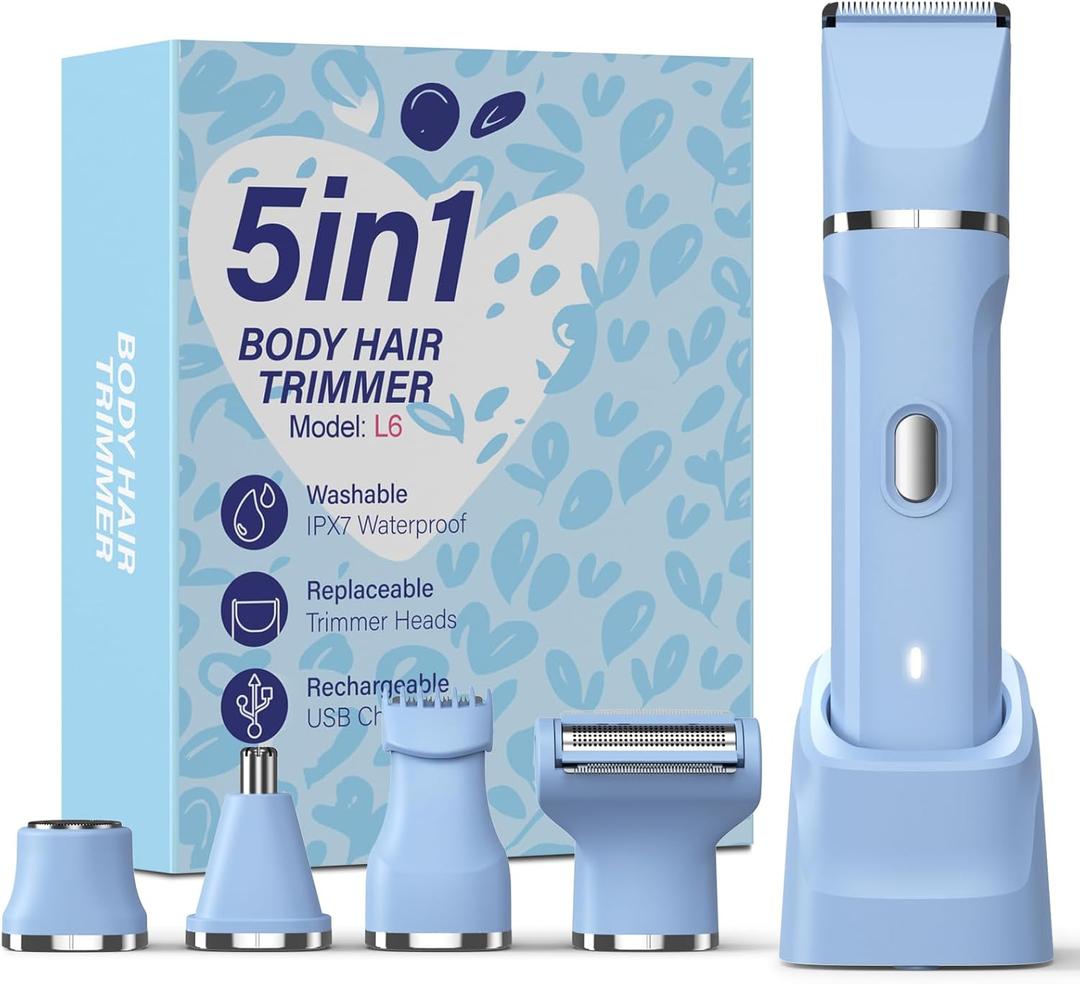 5-in-1 Bikini Trimmer for Women, IPX7 Waterproof Electric Razors Shaver, Cordless Body Hair Trimmer, Facial & Pubic Hair Removal, Ceramic Blade (Blue)
