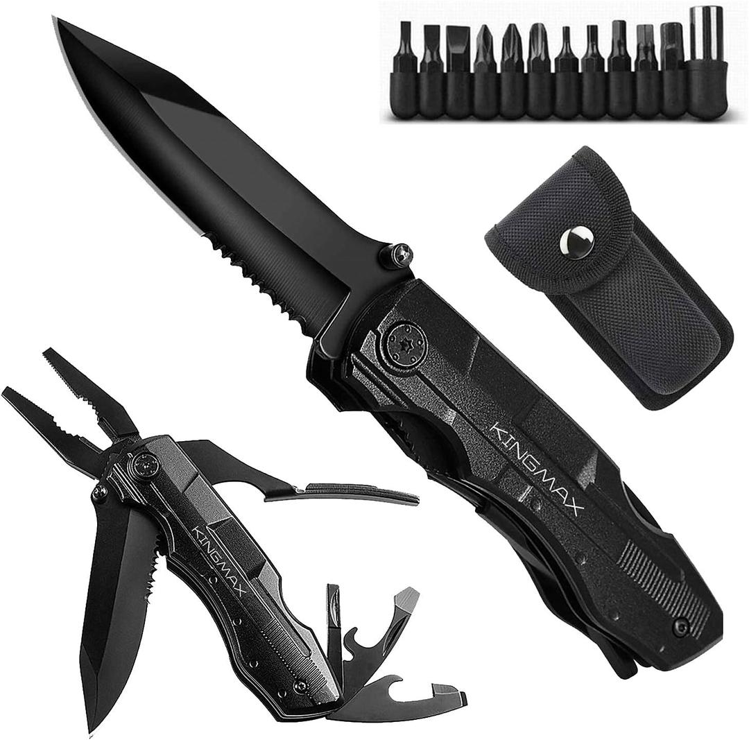 KINGMAX Pocket Knife, Multitool Tactical Knife with Blade, Saw, Plier, Screwdriver, Bottle Opener, Folding Knife Built with Full Stainless Steel, Perfect Tool for Men, Camping, Emergency, Outdoor, Daily Use.