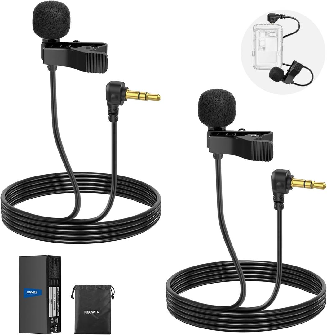 NEEWER Mini Lavalier Microphone (2 Pack), 6.6ft/2m Clip On Wired Condenser Lapel Mic with 3.5mm TRS Plug, Compatible with DJI Mic 2, Rode Wireless Go II, NEEWER CM28 CM31 Camera, LM5