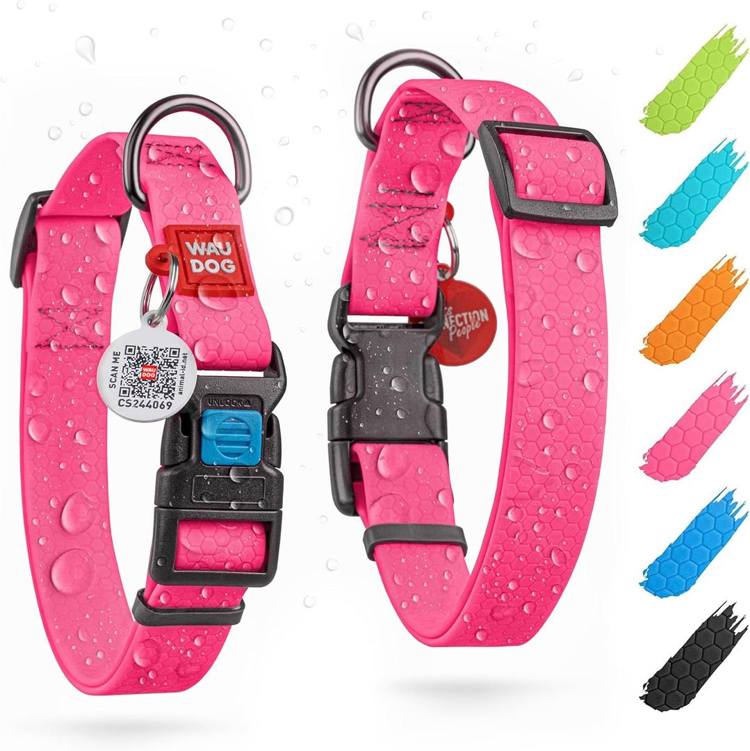 WAUDOG Waterproof Dog Collar - Adjustable Dog Collar for Large Dogs, Small and Medium Dogs - Breakaway Dog Collar Waterproof with Plastic Buckle and QR Dog Tag - Boy & Girl Dog Collars (Pink) (12" - 19" Neck * 1" Wide (Plastic Buckle))
