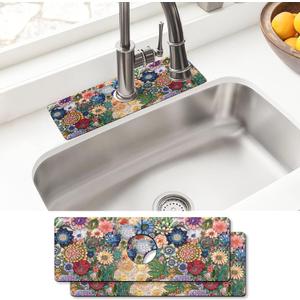 Sinkmat Absorbing Mat, 2 Pack Drying Mat Around Sink Splash Guard Behind Faucet Sinkmat For Kitchen Bathroom Island Rv 15 * 5.5 Inch (38 * 14 cm) (Flower-6)