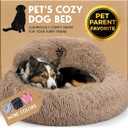 PetJett Calming Medium Dog Bed - 30'' Round Dog Beds - Washable Dog Bed - Anti-Slip Super Soft Fluffy Plush Donut Bed, Anti-Anxiety Premium Comfort Pet Bed, Fits Dogs up to 45 lbs - Beige
