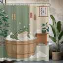 Japanese Funny Frog in Bathtub Shower Curtain Sets for Bathroom 60Wx72H Vintage Cute Animal Shower Curtain Retro Kwaii Rustic Green Polyester Bathtub Curtain Bathroom Decor with 12 Hooks