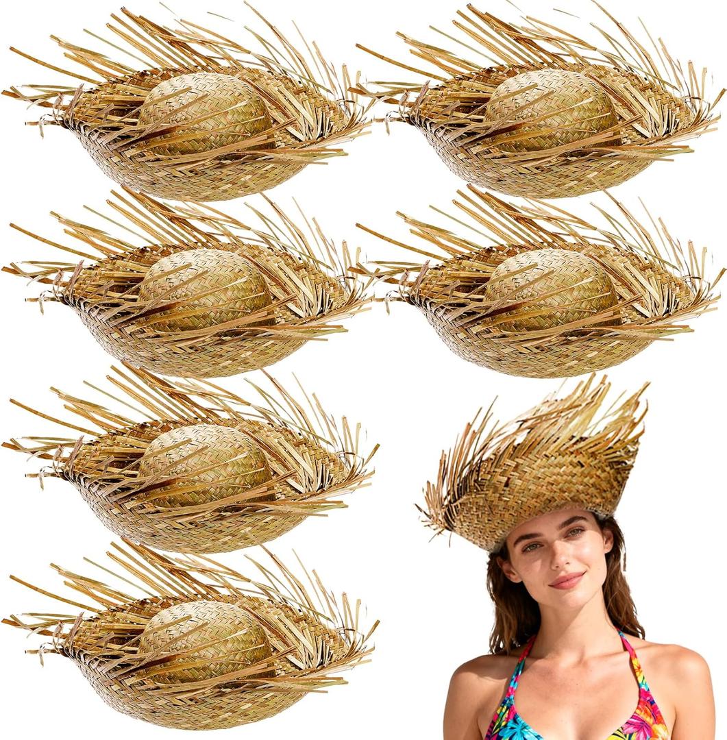 Cididu 6 Pcs Straw Hat Hawaii, Beach Party Hat Costume, Beachcomber Hats for Women Men, Hawaiian Farmer Hat for Summer Themed Party Props Decorations Accessories
