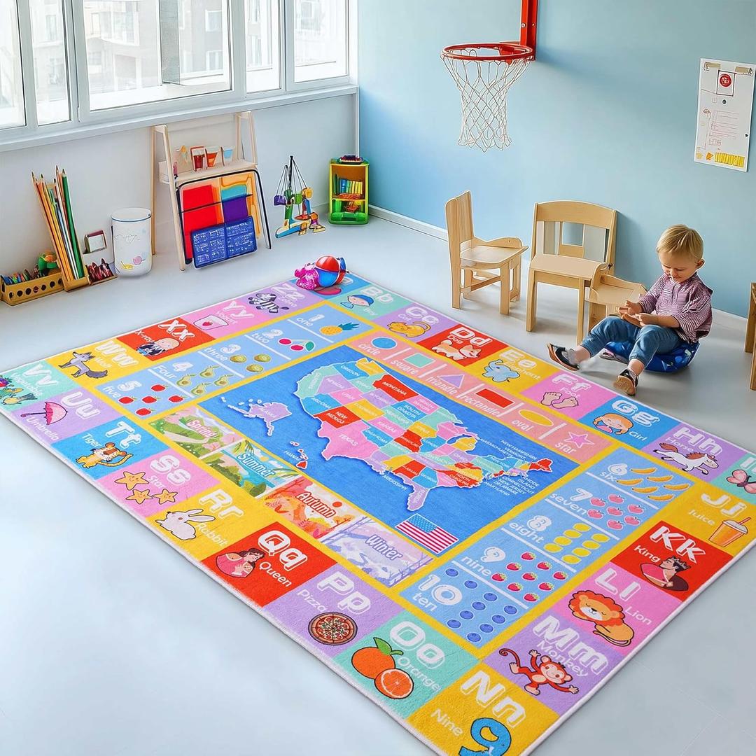 OHDS Kids Rugs for Playroom - Soft & Non-Slip 3x4 Feet Educational Rug for Learning ABC Alphabet, Numbers, Shapes & Map, Washable Classroom Rug for Toddler Nursery & Kids Room Decor