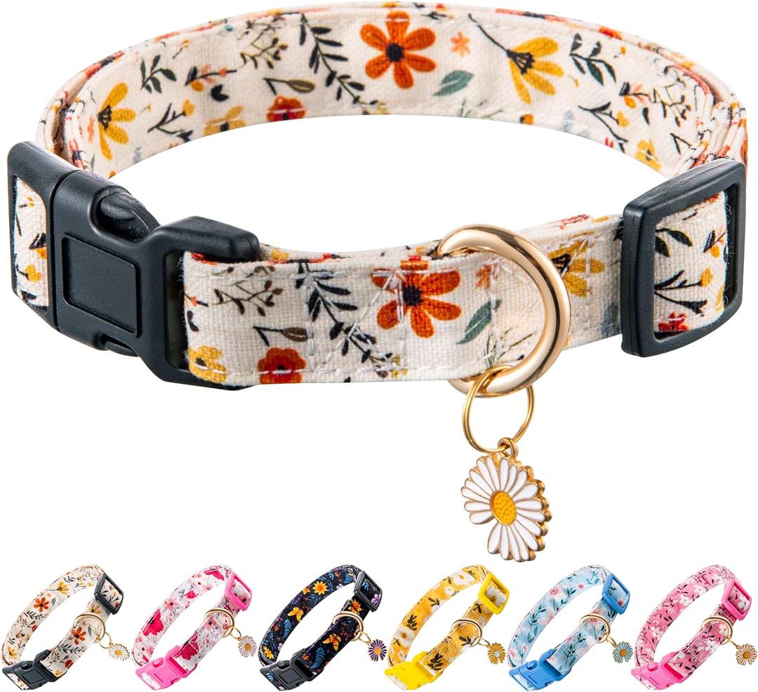 Cotton Dog Collar Beige Flower Pattern for Boys and Girls Cute Dog Collars Summer Fall Gift Adjustable for Medium to Large Breed Dogs (M)