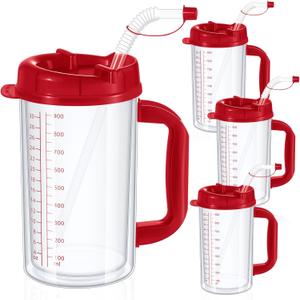 32 oz Hospital Water Cup with Straw and Lid Insulated Double Walled Water Cup with Handle and Straw Elderly Bottle Plastic Drinking Hospital Carafe Insulated Mug(Red,4)