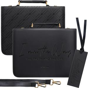 Premium Black PU Leather Bible Case with Embossed Scripture9.5x11.8 I Am The Way, The Truth and The Life- Matte Finish, 3Layer Construction, Detachable Strap, Matching Bookmark with Ribbon