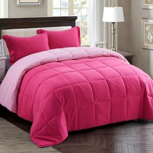 HIG 3pc Pink Standard Size Comforter Set - All Season Reversible Down Alternative Bedding Comforter Set - Quilted Duvet Insert with Corner Tabs - Box Stitched Blanket - Breathable, Soft, Fluffy